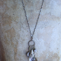 NEW! Stardust Soul Necklace w/Unique Capped Faceted Crystal,Antique Cut Steel & Gold Angel Wing,Antique Cut Steel Moon & Star Drop & More!