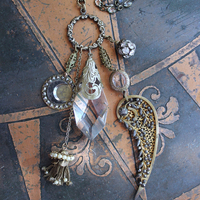 NEW! Stardust Soul Necklace w/Unique Capped Faceted Crystal,Antique Cut Steel & Gold Angel Wing,Antique Cut Steel Moon & Star Drop & More!