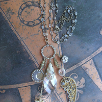 NEW! Stardust Soul Necklace w/Unique Capped Faceted Crystal,Antique Cut Steel & Gold Angel Wing,Antique Cut Steel Moon & Star Drop & More!