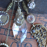 NEW! Stardust Soul Necklace w/Unique Capped Faceted Crystal,Antique Cut Steel & Gold Angel Wing,Antique Cut Steel Moon & Star Drop & More!