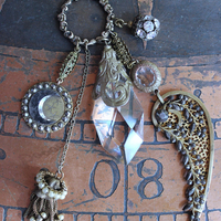 NEW! Stardust Soul Necklace w/Unique Capped Faceted Crystal,Antique Cut Steel & Gold Angel Wing,Antique Cut Steel Moon & Star Drop & More!