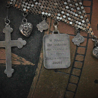 SOLD to K Amazing Whiting & Davis Mesh Scarf,Vintage French Roi D'Amour (King of Love) Medals,Reposse Puffy Hearts,St. Therese Rose Medals & Persevere Crosses
