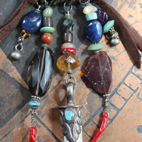 NEW! May all Beings Necklace with Faceted Gemstones & Turquoise, Silver Repousse Metta Prayer Pendant,Red Coral & Sterling Connector