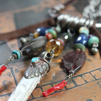 NEW! May all Beings Necklace with Faceted Gemstones & Turquoise, Silver Repousse Metta Prayer Pendant,Red Coral & Sterling Connector