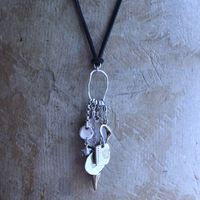 NEW! Cosmic Amulet Necklace with OOAK Silver & Gold Etched Charms, Puffy Star, Premium Black Suede Leather Ties