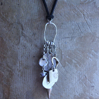 NEW! Cosmic Amulet Necklace with OOAK Silver & Gold Etched Charms, Puffy Star, Premium Black Suede Leather Ties