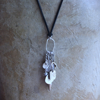 NEW! Cosmic Amulet Necklace with OOAK Silver & Gold Etched Charms, Puffy Star, Premium Black Suede Leather Ties
