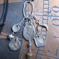 NEW! Cosmic Amulet Necklace with OOAK Silver & Gold Etched Charms, Puffy Star, Premium Black Suede Leather Ties