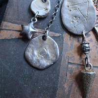 NEW! Cosmic Amulet Necklace with OOAK Silver & Gold Etched Charms, Puffy Star, Premium Black Suede Leather Ties