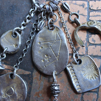 NEW! Cosmic Amulet Necklace with OOAK Silver & Gold Etched Charms, Puffy Star, Premium Black Suede Leather Ties