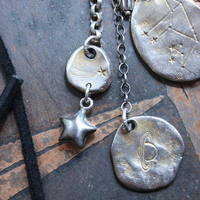NEW! Cosmic Amulet Necklace with OOAK Silver & Gold Etched Charms, Puffy Star, Premium Black Suede Leather Ties