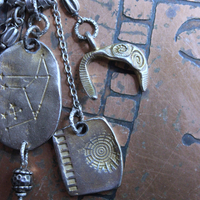 NEW! Cosmic Amulet Necklace with OOAK Silver & Gold Etched Charms, Puffy Star, Premium Black Suede Leather Ties