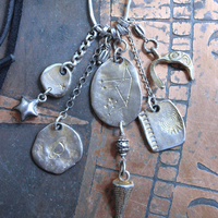 NEW! Cosmic Amulet Necklace with OOAK Silver & Gold Etched Charms, Puffy Star, Premium Black Suede Leather Ties