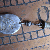 NEW! Cosmic Amulet Necklace with OOAK Silver & Gold Etched Charms, Puffy Star, Premium Black Suede Leather Ties