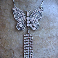 NEW! Learn to Fly Necklace with Antique 1920's Prong Set Rhinestone Butterfly, Tassel and Chain