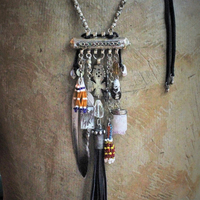 Joy & Pain Necklace w/Antique Gypsy Kuchi Pendant,Sterling Engraved 3 of Swords Tarot Medal,Antique Beaded Banajra Tassels,Faceted Clear Rock Quartz+ More!