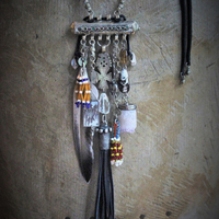 Joy & Pain Necklace w/Antique Gypsy Kuchi Pendant,Sterling Engraved 3 of Swords Tarot Medal,Antique Beaded Banajra Tassels,Faceted Clear Rock Quartz+ More!