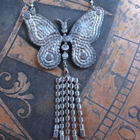 NEW! Learn to Fly Necklace with Antique 1920's Prong Set Rhinestone Butterfly, Tassel and Chain