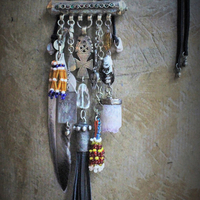 Joy & Pain Necklace w/Antique Gypsy Kuchi Pendant,Sterling Engraved 3 of Swords Tarot Medal,Antique Beaded Banajra Tassels,Faceted Clear Rock Quartz+ More!