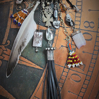 Joy & Pain Necklace w/Antique Gypsy Kuchi Pendant,Sterling Engraved 3 of Swords Tarot Medal,Antique Beaded Banajra Tassels,Faceted Clear Rock Quartz+ More!