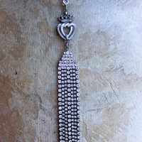 NEW! Two Hearts Necklace w/Vintage Faceted Prong Set Rhinestone Tassel, Two Hearts & Crown Medal,Sterling Belcher Chain