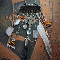 Joy & Pain Necklace w/Antique Gypsy Kuchi Pendant,Sterling Engraved 3 of Swords Tarot Medal,Antique Beaded Banajra Tassels,Faceted Clear Rock Quartz+ More!