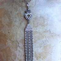 NEW! Two Hearts Necklace w/Vintage Faceted Prong Set Rhinestone Tassel, Two Hearts & Crown Medal,Sterling Belcher Chain