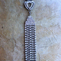 NEW! Two Hearts Necklace w/Vintage Faceted Prong Set Rhinestone Tassel, Two Hearts & Crown Medal,Sterling Belcher Chain