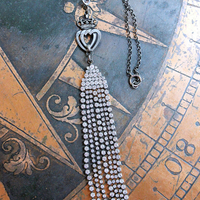 NEW! Two Hearts Necklace w/Vintage Faceted Prong Set Rhinestone Tassel, Two Hearts & Crown Medal,Sterling Belcher Chain