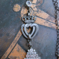 NEW! Two Hearts Necklace w/Vintage Faceted Prong Set Rhinestone Tassel, Two Hearts & Crown Medal,Sterling Belcher Chain