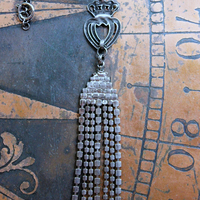 NEW! Two Hearts Necklace w/Vintage Faceted Prong Set Rhinestone Tassel, Two Hearts & Crown Medal,Sterling Belcher Chain