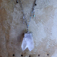 NEW! Single Soul Necklace with Amazing & Rare Double Point Clear Rock Quartz Pendant w/Sterling Mesh Cap,Sterling Chain Fragment Chain, Multiple Drops