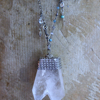 NEW! Single Soul Necklace with Amazing & Rare Double Point Clear Rock Quartz Pendant w/Sterling Mesh Cap,Sterling Chain Fragment Chain, Multiple Drops