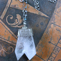 NEW! Single Soul Necklace with Amazing & Rare Double Point Clear Rock Quartz Pendant w/Sterling Mesh Cap,Sterling Chain Fragment Chain, Multiple Drops
