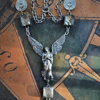 Pure Angel Necklace w/Cast Bronze Winged Angel,Vintage Lace Overlay Faceted Prong Set Glass,French Sacred Heart Medals, Antique Sterling Chain