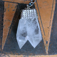 NEW! Single Soul Necklace with Amazing & Rare Double Point Clear Rock Quartz Pendant w/Sterling Mesh Cap,Sterling Chain Fragment Chain, Multiple Drops