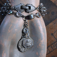 NEW! Unique Bezel Set Faceted Pointed Crystal Bracelet Set with Antique French Medals