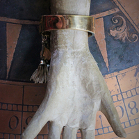 SOLD to K Unique Sterling Vermeil Faceted Herkimer Diamond Cuff w/Rare Antique Gilt Penin Lyon Sacred Heart Medal,Antique Faceted Rock Crystal Tear Drop,Antique Foxtail Chain Tassel +More!