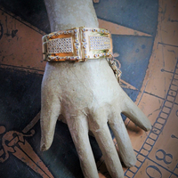 SOLD to K Unique Sterling Vermeil Faceted Herkimer Diamond Cuff w/Rare Antique Gilt Penin Lyon Sacred Heart Medal,Antique Faceted Rock Crystal Tear Drop,Antique Foxtail Chain Tassel +More!