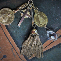 SOLD to K Unique Sterling Vermeil Faceted Herkimer Diamond Cuff w/Rare Antique Gilt Penin Lyon Sacred Heart Medal,Antique Faceted Rock Crystal Tear Drop,Antique Foxtail Chain Tassel +More!