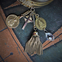 SOLD to K Unique Sterling Vermeil Faceted Herkimer Diamond Cuff w/Rare Antique Gilt Penin Lyon Sacred Heart Medal,Antique Faceted Rock Crystal Tear Drop,Antique Foxtail Chain Tassel +More!