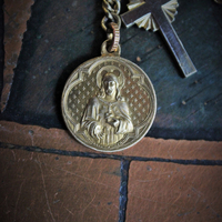 SOLD to K Unique Sterling Vermeil Faceted Herkimer Diamond Cuff w/Rare Antique Gilt Penin Lyon Sacred Heart Medal,Antique Faceted Rock Crystal Tear Drop,Antique Foxtail Chain Tassel +More!