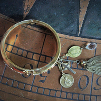 SOLD to K Unique Sterling Vermeil Faceted Herkimer Diamond Cuff w/Rare Antique Gilt Penin Lyon Sacred Heart Medal,Antique Faceted Rock Crystal Tear Drop,Antique Foxtail Chain Tassel +More!