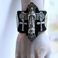 NEW! OOAK Marian Cross Cuff Bracelet with Unique Dimensional Cross,Antique Sterling Medallions,Bead Point Crosses