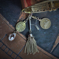 SOLD to K Unique Sterling Vermeil Faceted Herkimer Diamond Cuff w/Rare Antique Gilt Penin Lyon Sacred Heart Medal,Antique Faceted Rock Crystal Tear Drop,Antique Foxtail Chain Tassel +More!