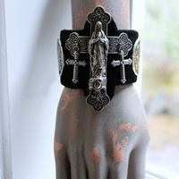 NEW! OOAK Marian Cross Cuff Bracelet with Unique Dimensional Cross,Antique Sterling Medallions,Bead Point Crosses