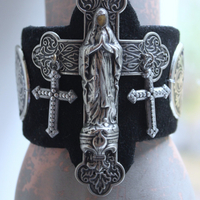 NEW! OOAK Marian Cross Cuff Bracelet with Unique Dimensional Cross,Antique Sterling Medallions,Bead Point Crosses