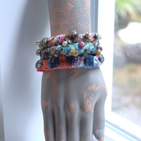 NEW! Set of 3 Antique Kantha Textile Bracelets with Faceted and Polished Gemstones,Kantha Tassel, Antique Buttons