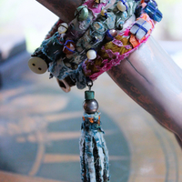 NEW! Set of 3 Antique Kantha Textile Bracelets with Faceted and Polished Gemstones,Kantha Tassel, Antique Buttons