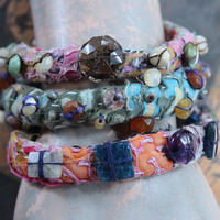 NEW! Set of 3 Antique Kantha Textile Bracelets with Faceted and Polished Gemstones,Kantha Tassel, Antique Buttons